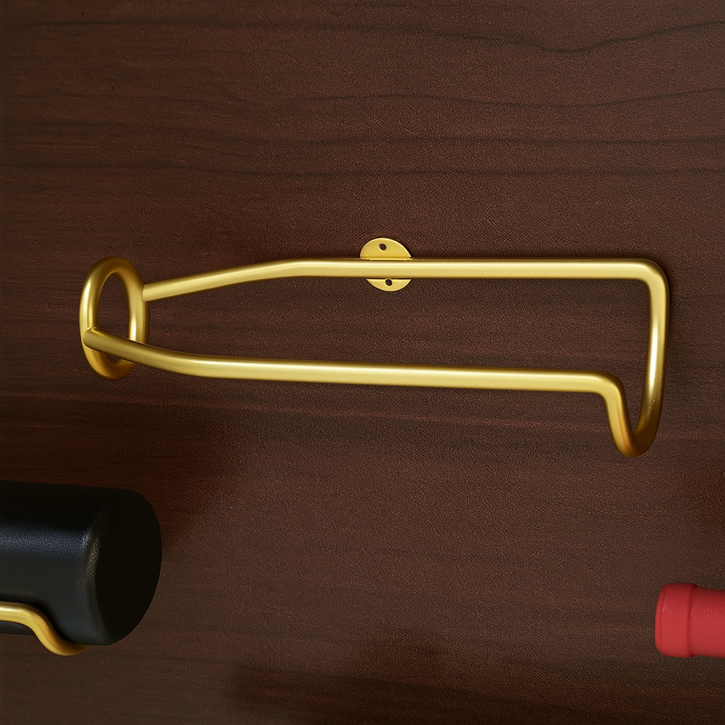 Wall mounted iron wine rack for home bar, kitchen storage. Holds multiple bottles, black finish, space-saving display.