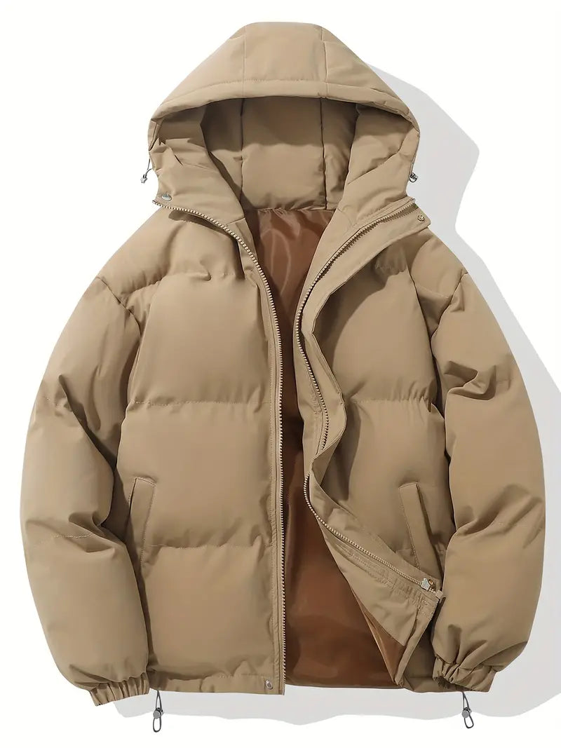 Warm women's quilted hooded puffer jacket, perfect for cold weather. Stylish winter outerwear.