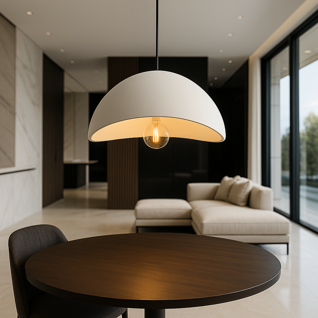 Sleek sculpted dome pendant, adjustable height for modern interiors, perfect for kitchens or halls.