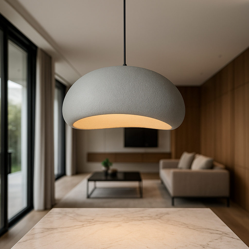 Designer dome pendant light, adjustable, modern, providing sophisticated indoor lighting.