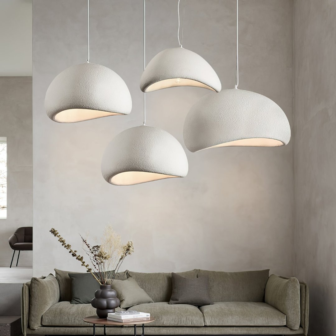 Contemporary dome pendant light, sleek design with adjustable height, ideal for modern living rooms.