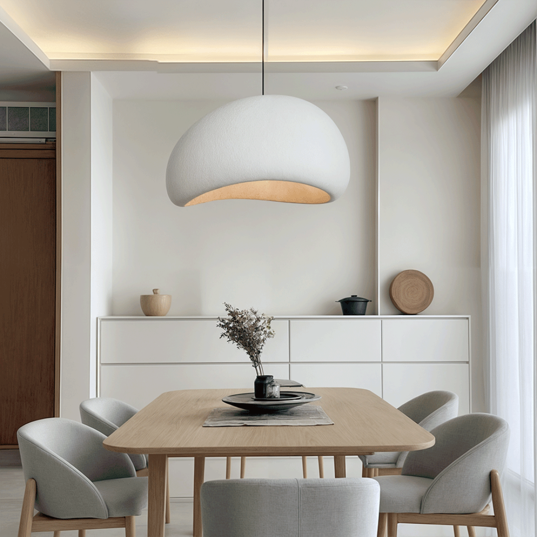 Elegant dome design pendant light, adjustable height, for contemporary dining and living spaces.