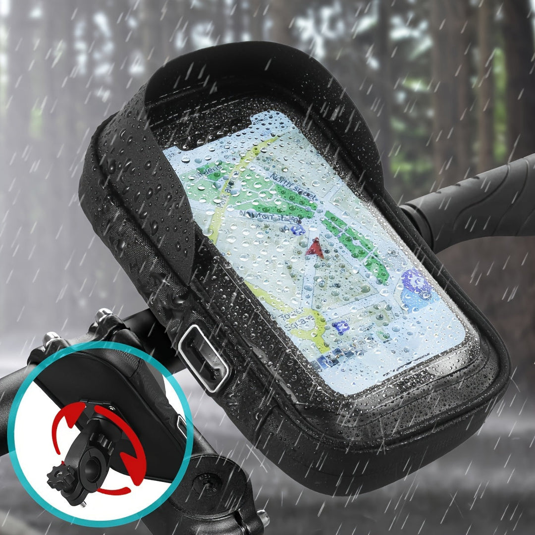Waterproof bicycle phone holder with 360° rotation for handlebars, perfect for cycling & navigation.