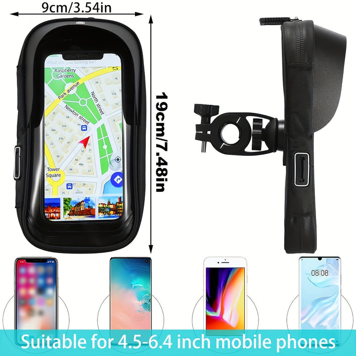 Black waterproof handlebar bag for phones, 360° rotating, secure cycling & e-bike accessory.