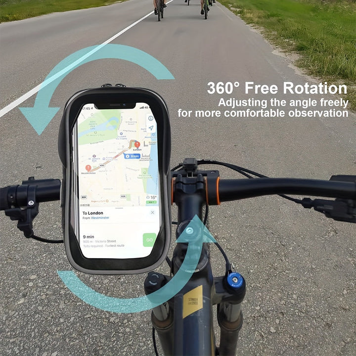Red waterproof phone holder & handlebar bag for bicycles, universal fit, 360° rotating for GPS.