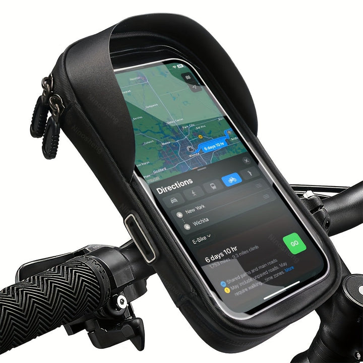 Cycling gear: waterproof phone mount for handlebars, 360° rotation, essential for bike navigation.