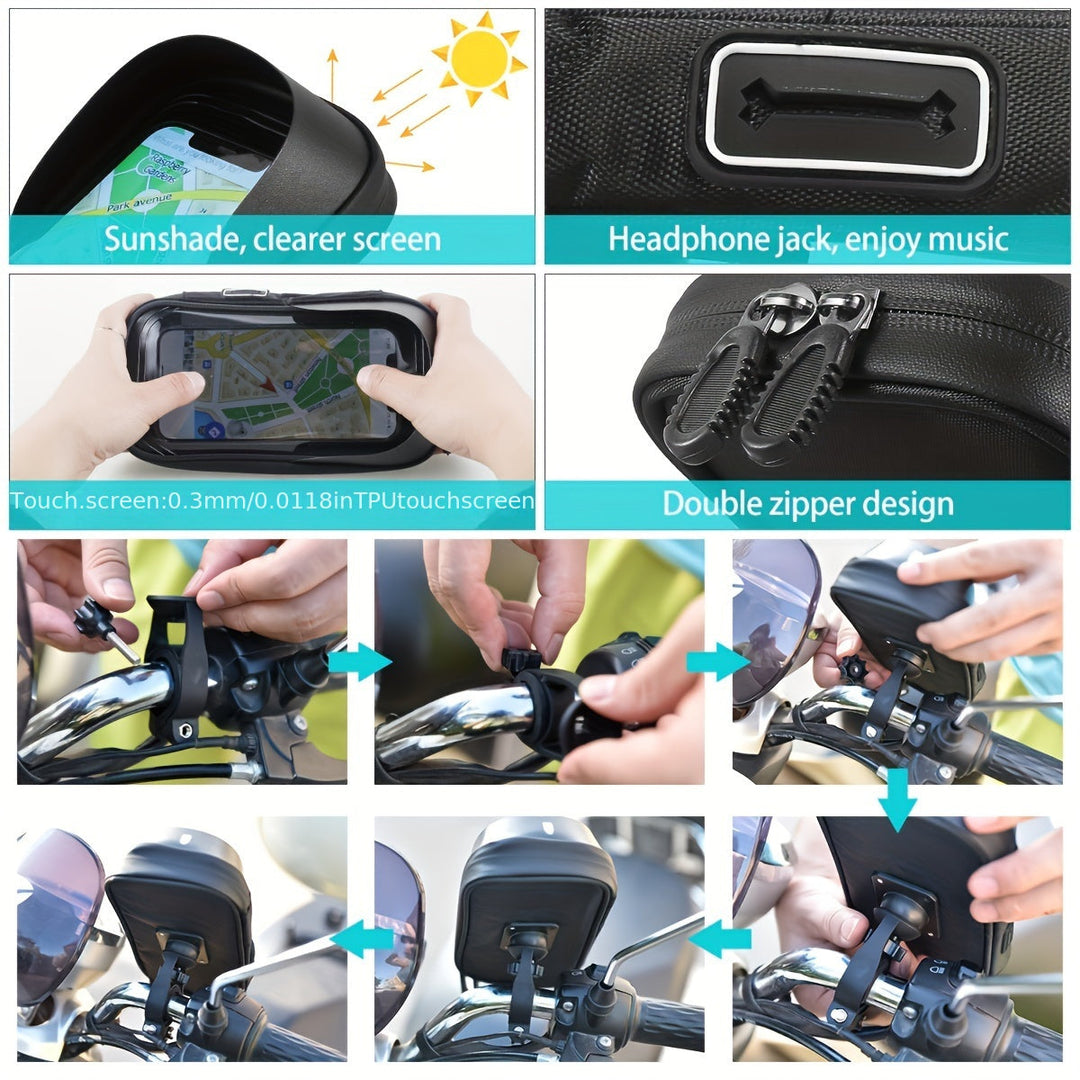 Secure waterproof phone holder for e-bikes & motorcycles, 360° rotation, keeps phone safe & visible.