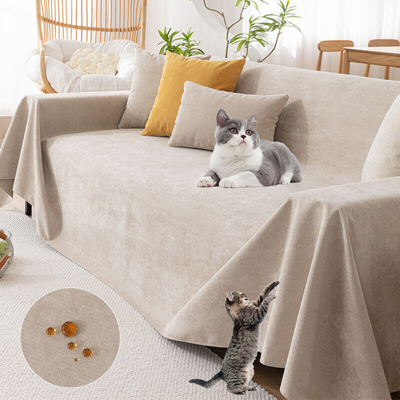 Waterproof chenille sofa cover, pet-friendly & non-slip, protecting furniture in a stylish living room.