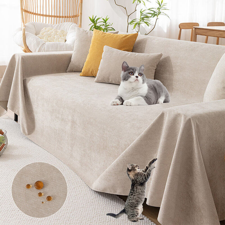 Waterproof chenille sofa cover, pet-friendly & non-slip, protecting furniture in a stylish living room.