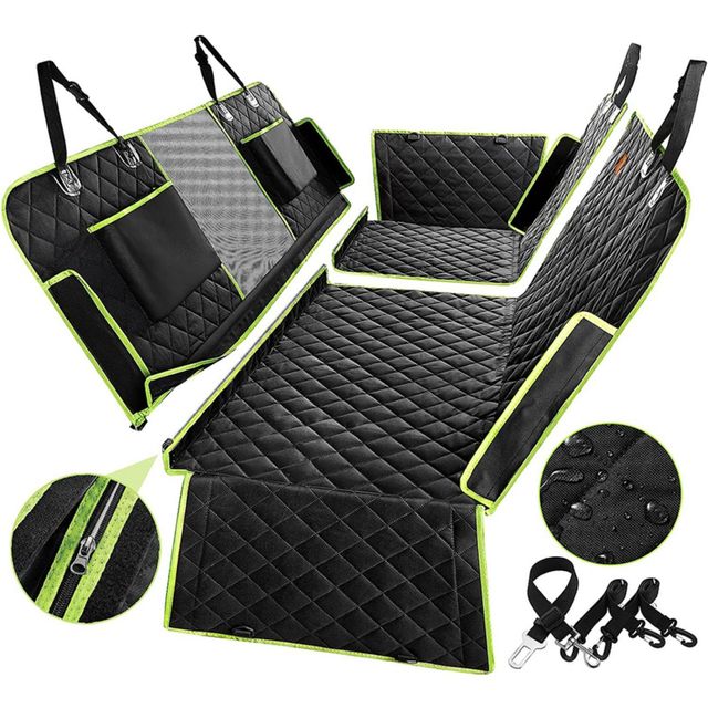 Full backseat waterproof dog car seat cover. Heavy-duty pet hammock & protector for clean & safe dog travel.