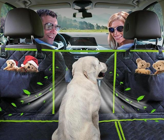 Heavy-duty waterproof dog car seat cover for backseat. Pet hammock protects car from muddy paws & pet fur.