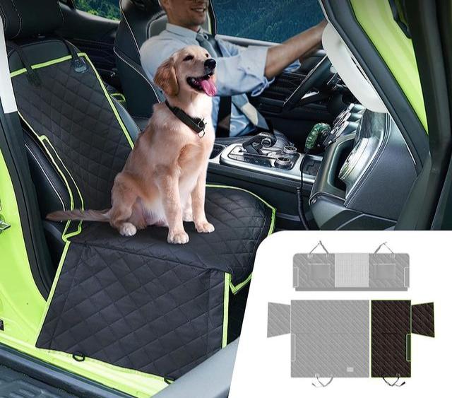 Pet travel waterproof dog car seat cover. Backseat protector & hammock design keeps car interior clean & safe.
