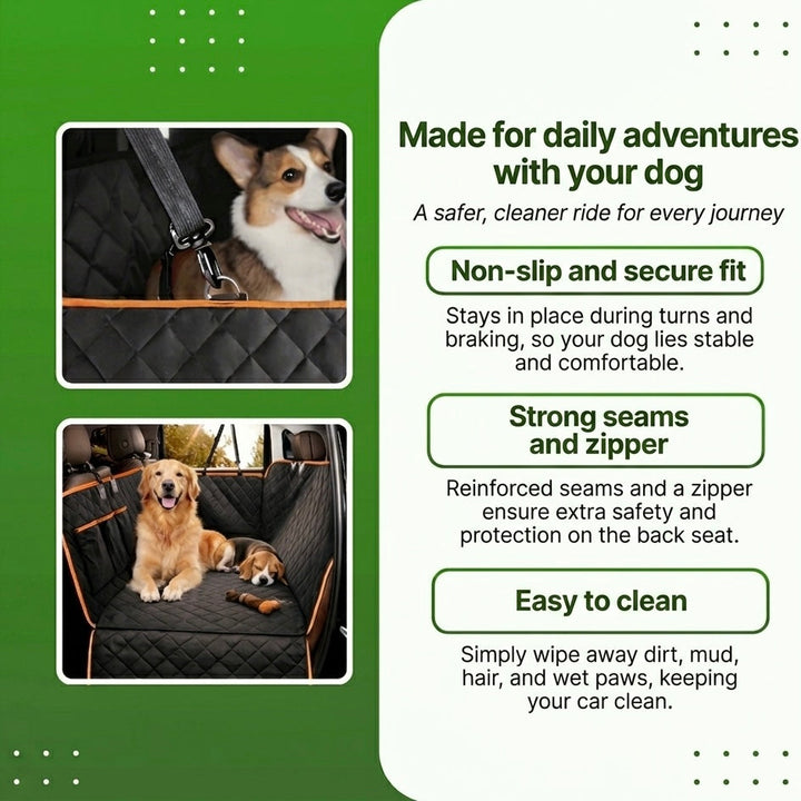 Easy-to-install waterproof back seat cover for dogs, with side flaps & storage pockets. Keeps car clean.