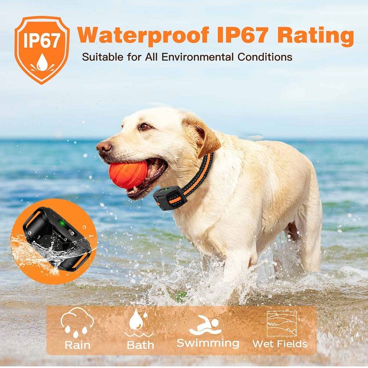 Pet training collar with remote control, waterproof design for all-weather dog obedience. Long range 3300ft.