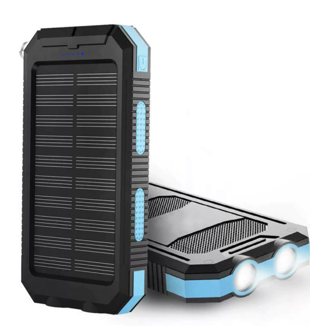 Waterproof solar power bank for outdoor adventures. Portable high-capacity charger with dual USB for camping & hiking.