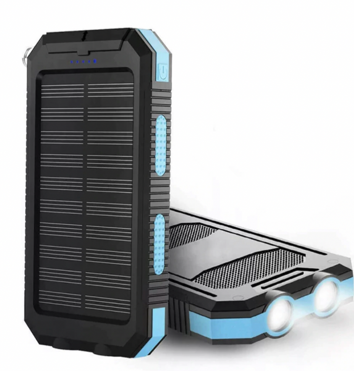 Waterproof solar power bank for outdoor adventures. Portable high-capacity charger with dual USB for camping & hiking.
