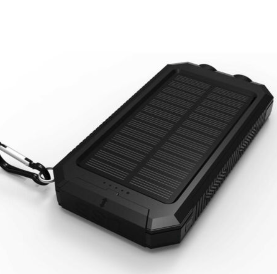 Portable waterproof solar power bank with LED flashlight, ideal for emergency power & outdoor travel. High capacity charger.