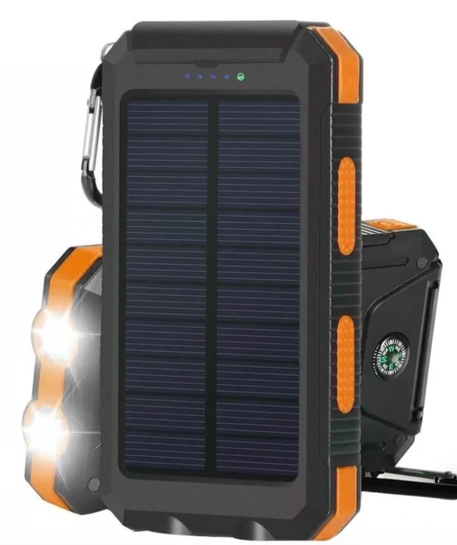 Durable unisex waterproof solar power bank. Shockproof portable charger with dual USB for travel & outdoor emergency use.