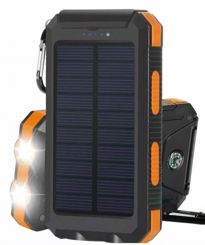 Durable unisex waterproof solar power bank. Shockproof portable charger with dual USB for travel & outdoor emergency use.