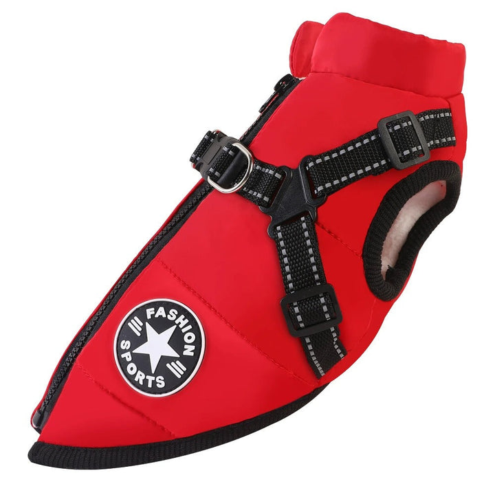 Reflective waterproof winter dog coat with integrated harness for safe outdoor adventures.