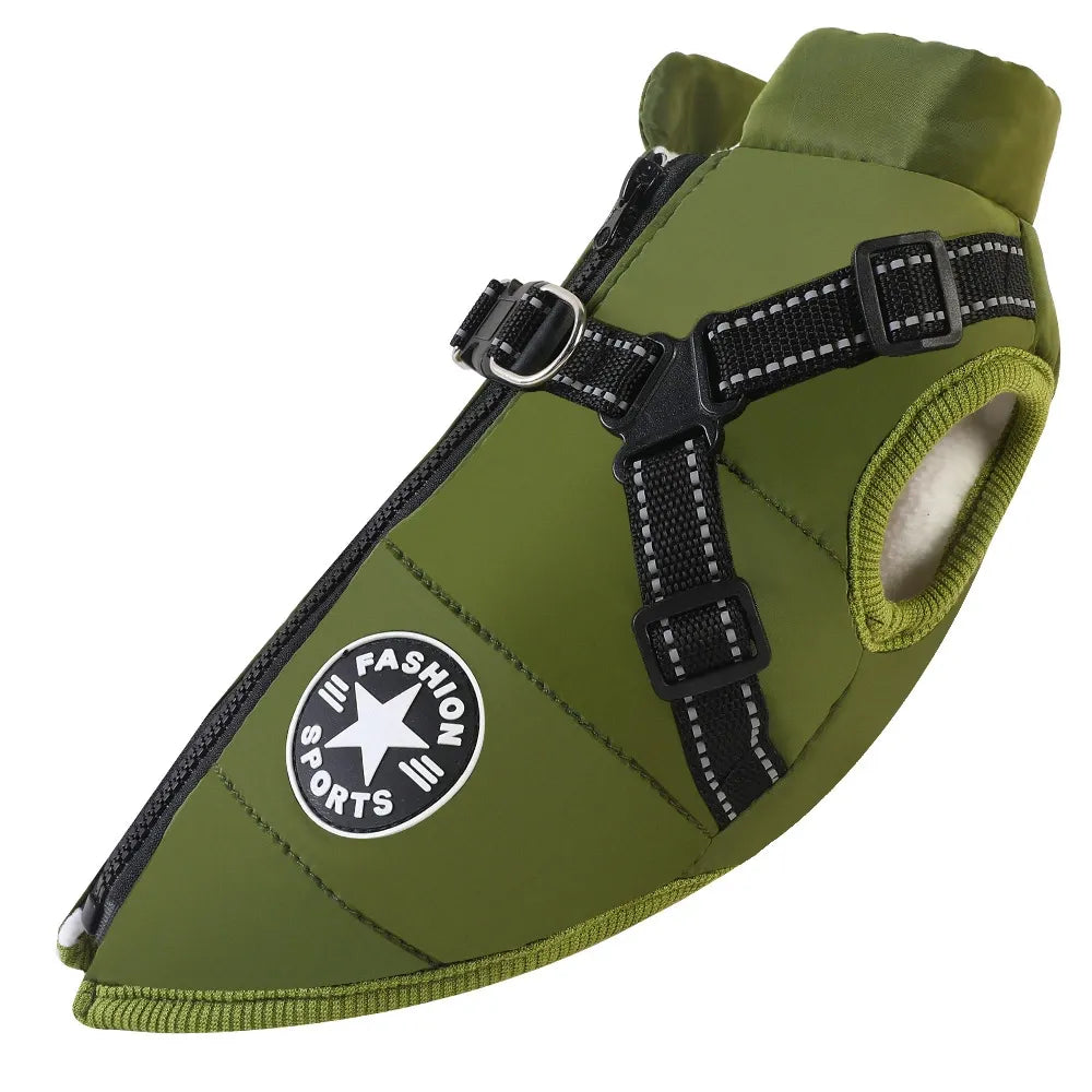 Warm, waterproof pet apparel: dog jacket with built-in harness for ultimate cold weather comfort.