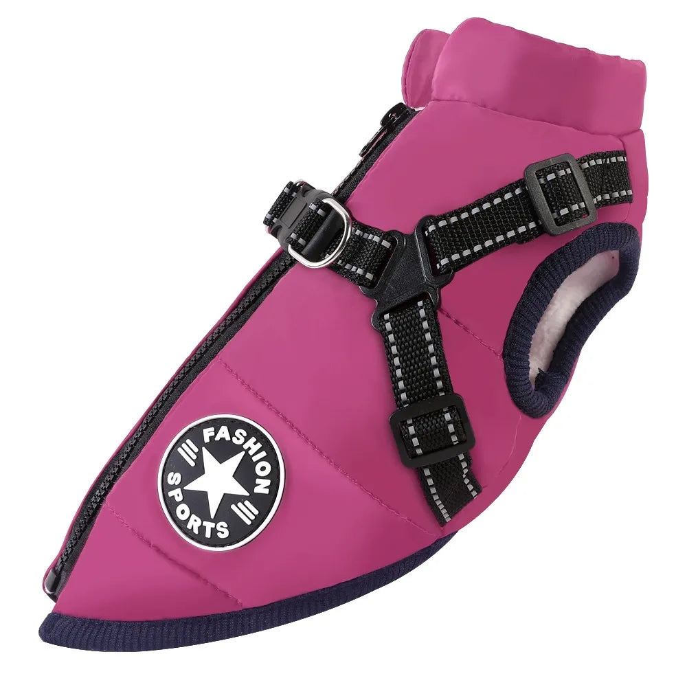 Medium to large dog winter jacket with built-in harness, waterproof and warm.