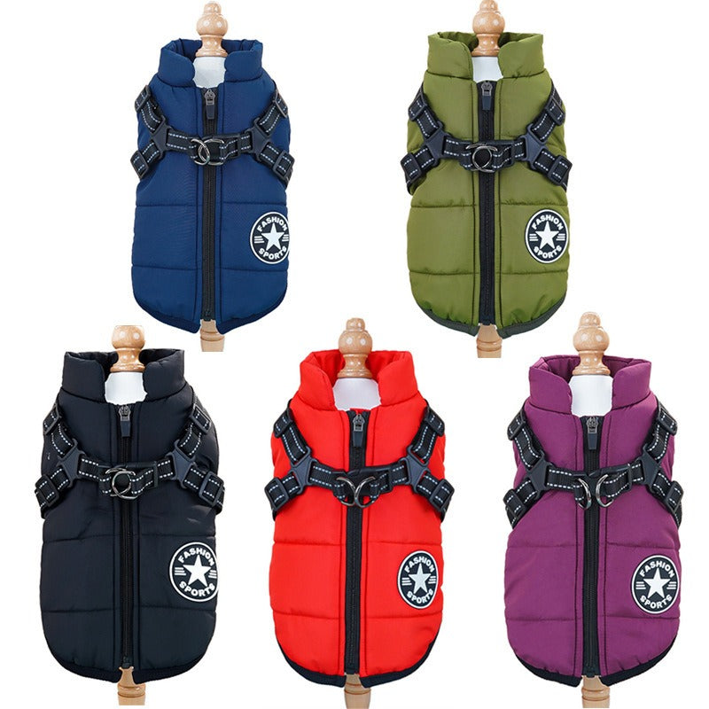 Waterproof winter dog jacket with built-in harness, reflective details for visibility and warmth.