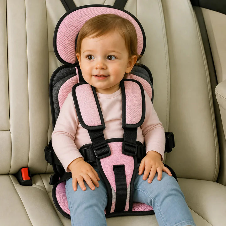 Compact WC2026 portable booster car seat folded for easy storage, an essential kids travel accessory.