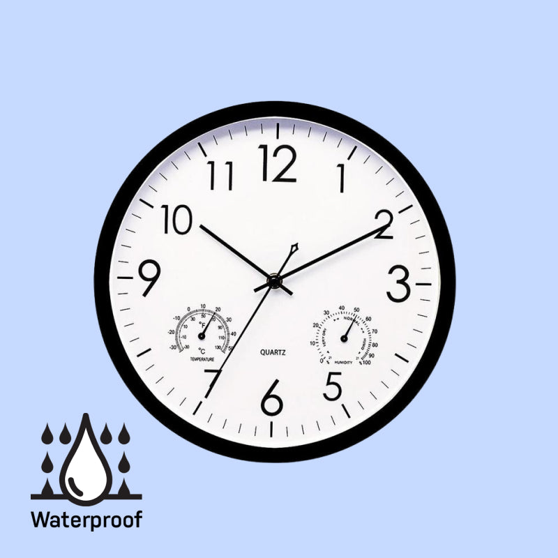 Weatherproof outdoor garden clock with an easy-to-read temperature gauge, perfect for patio or backyard decor.