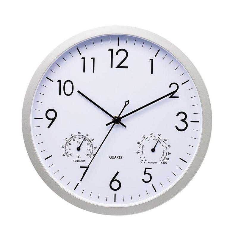 Classic garden clock with large temperature gauge. Weatherproof metal design for durable outdoor patio & home display.