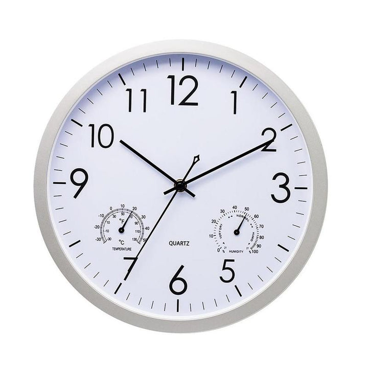 Classic garden clock with large temperature gauge. Weatherproof metal design for durable outdoor patio & home display.