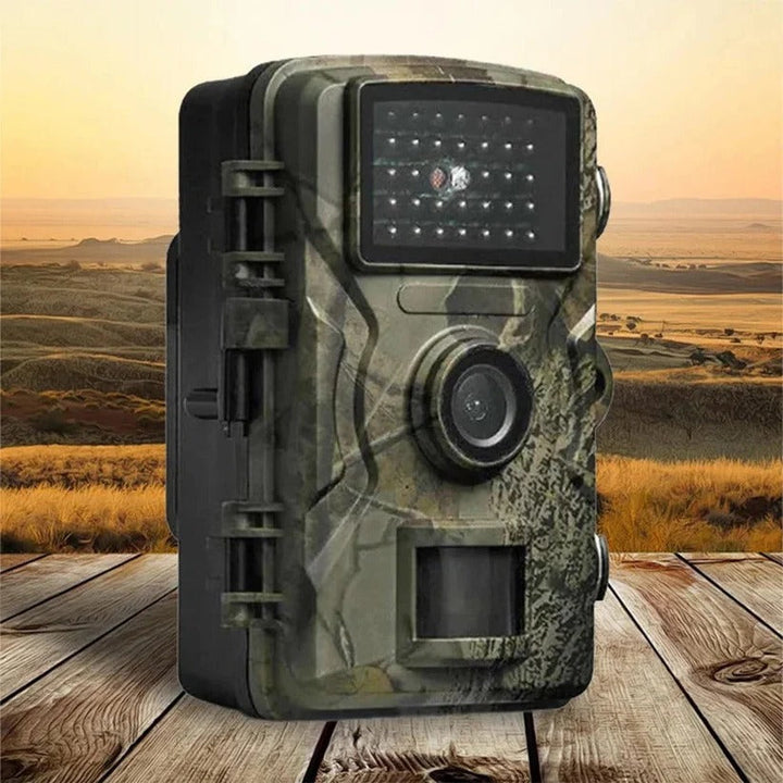 HD wildlife trail camera with night vision, motion activated for outdoor surveillance.