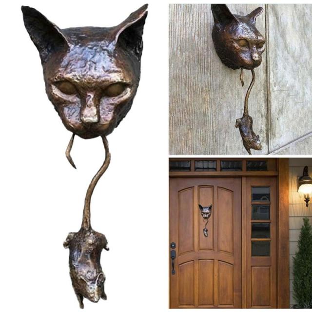 Whimsical cat and mouse door knocker, a unique entryway decor accent for animal-themed homes.