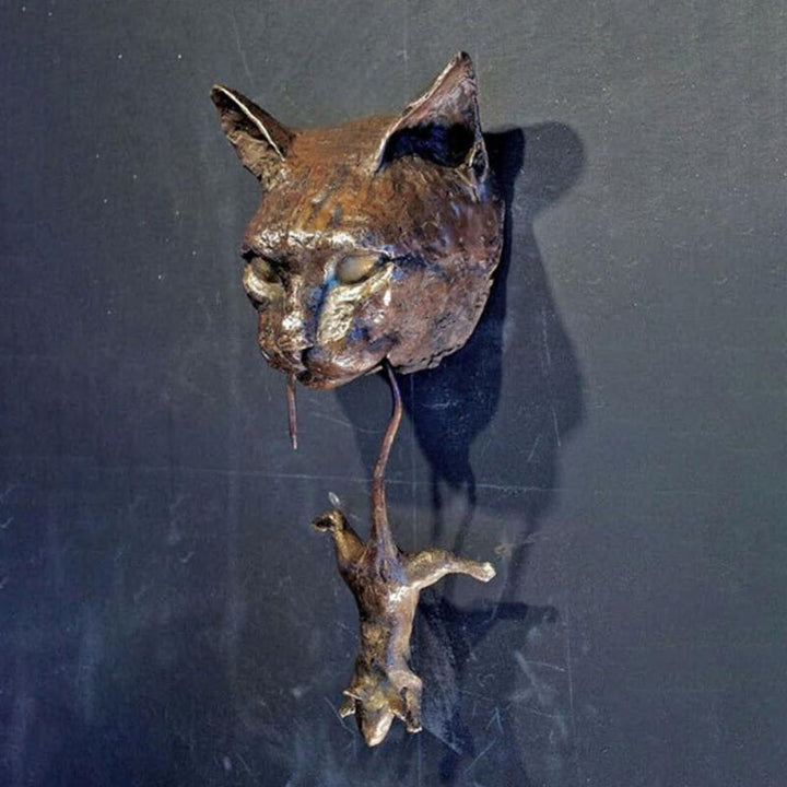 Hand-painted resin cat and mouse door knocker. Decorative wall art for a charming home entryway.
