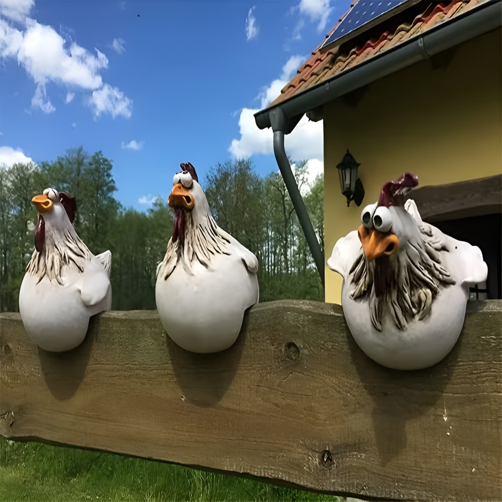 Whimsical farmhouse rooster fence ornament. Hand-painted resin figure for garden, patio, or yard art decor.
