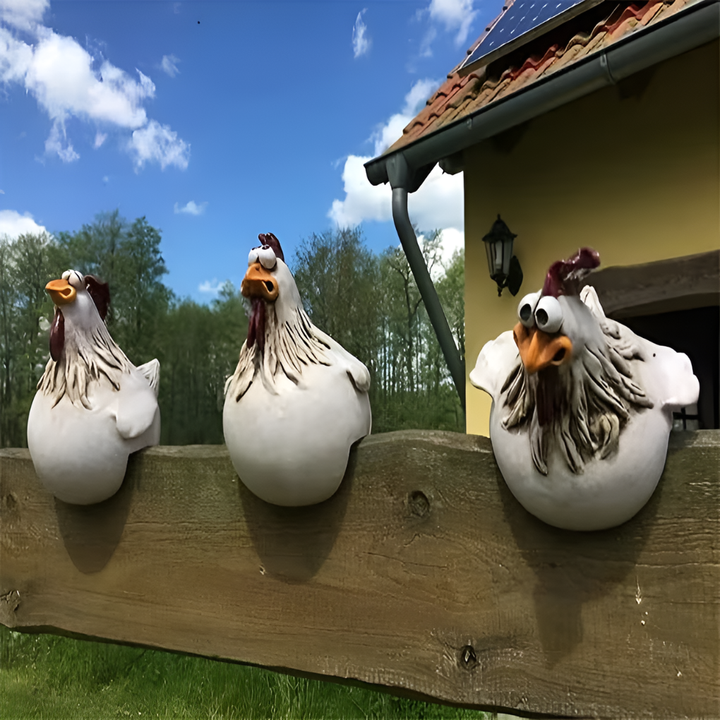 Whimsical farmhouse rooster fence ornament. Hand-painted resin figure for garden, patio, or yard art decor.