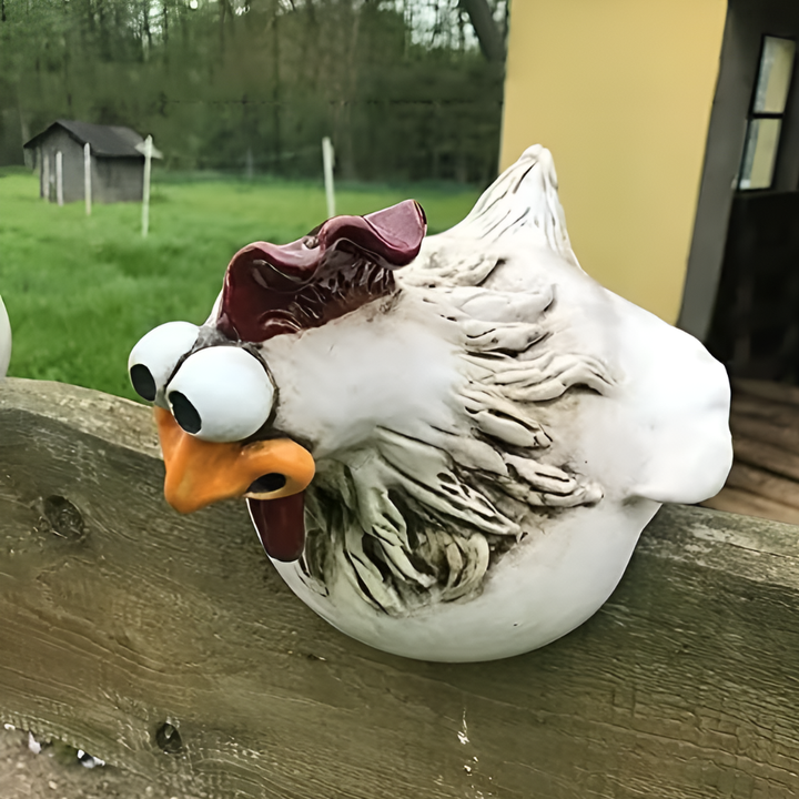 Colorful resin rooster fence decor. Charming animal figurine for outdoor garden, patio, and yard accents.