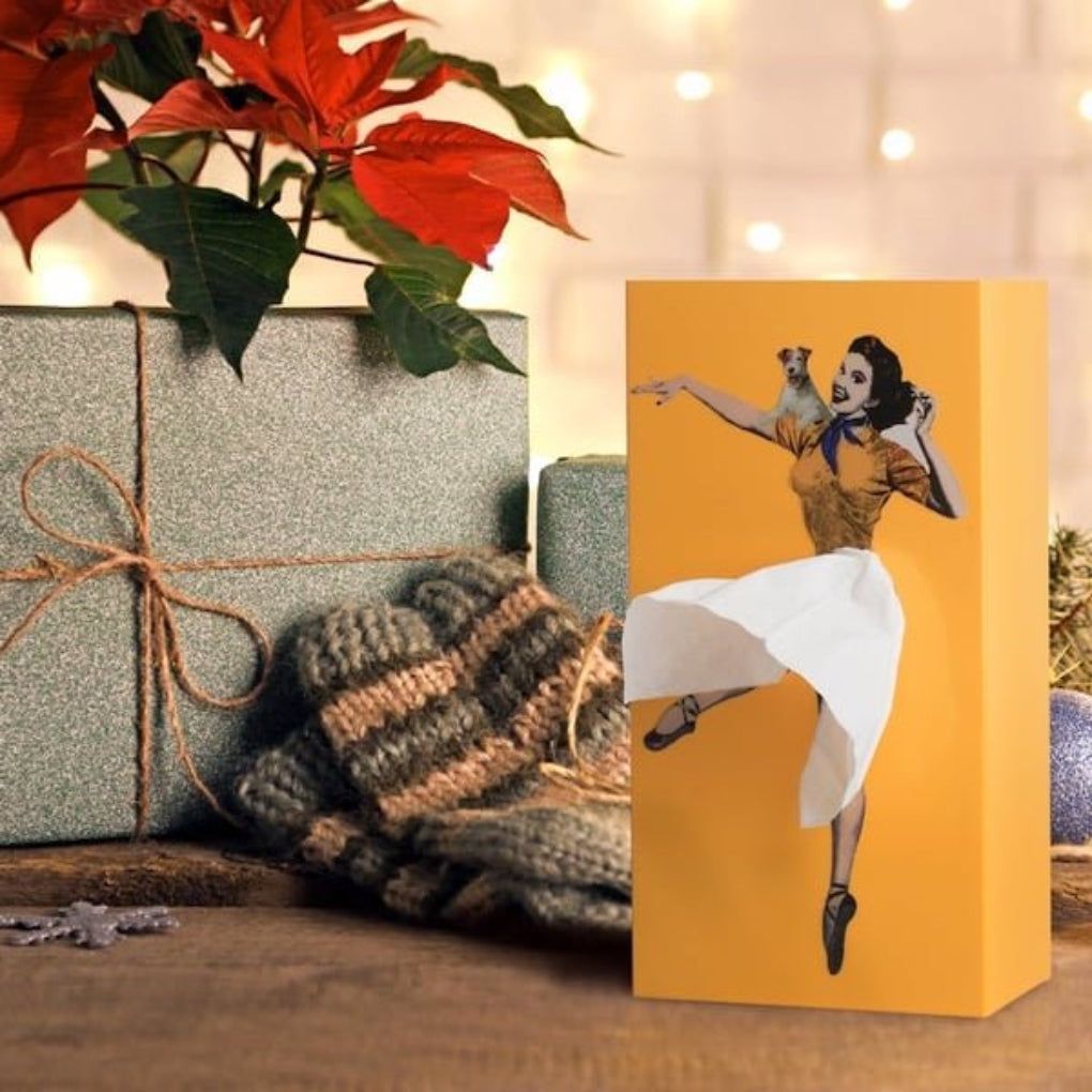 Quirky flying skirt tissue box, an animated dispenser and vintage-style functional art novelty item.