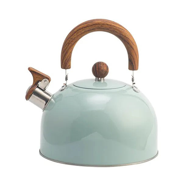 Whistling tea kettle with insulated handle, stainless steel for safe hot water boiling on all stovetops.
