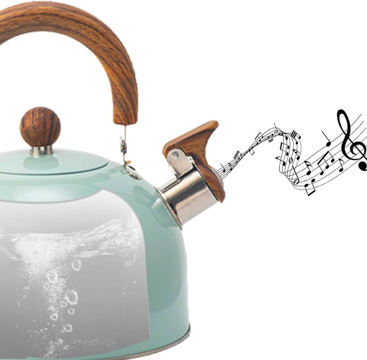 Sleek whistling tea kettle, stainless steel, with stay-cool handle for boiling hot water in any home kitchen.
