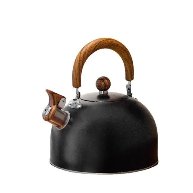Safe-to-touch handle on this stainless steel whistling tea kettle, suitable for gas, electric, & induction stovetops.