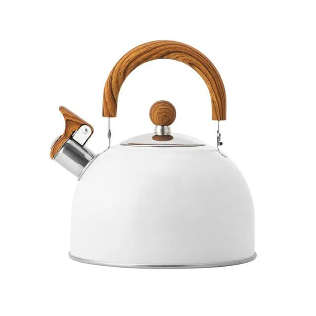 Essential kitchenware: a stainless steel whistling tea kettle featuring an insulated handle for easy hot water.