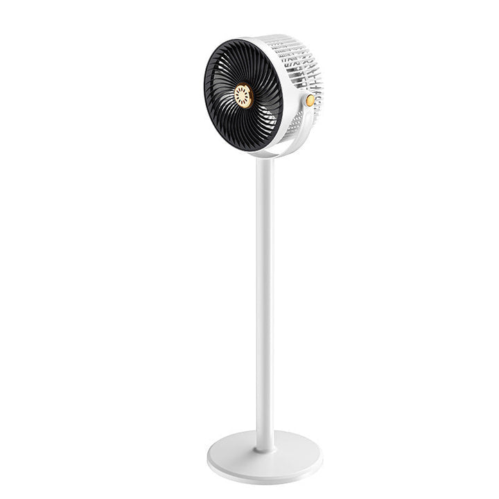 Modern stand fan with 360-degree rotation & remote control, providing powerful, quiet cooling for any room or office.