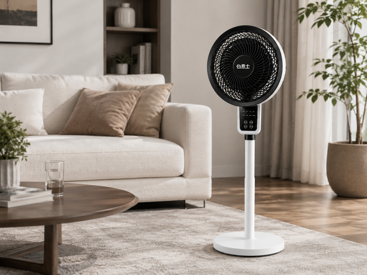 White adjustable oscillating pedestal fan provides quiet cooling for home or office comfort.