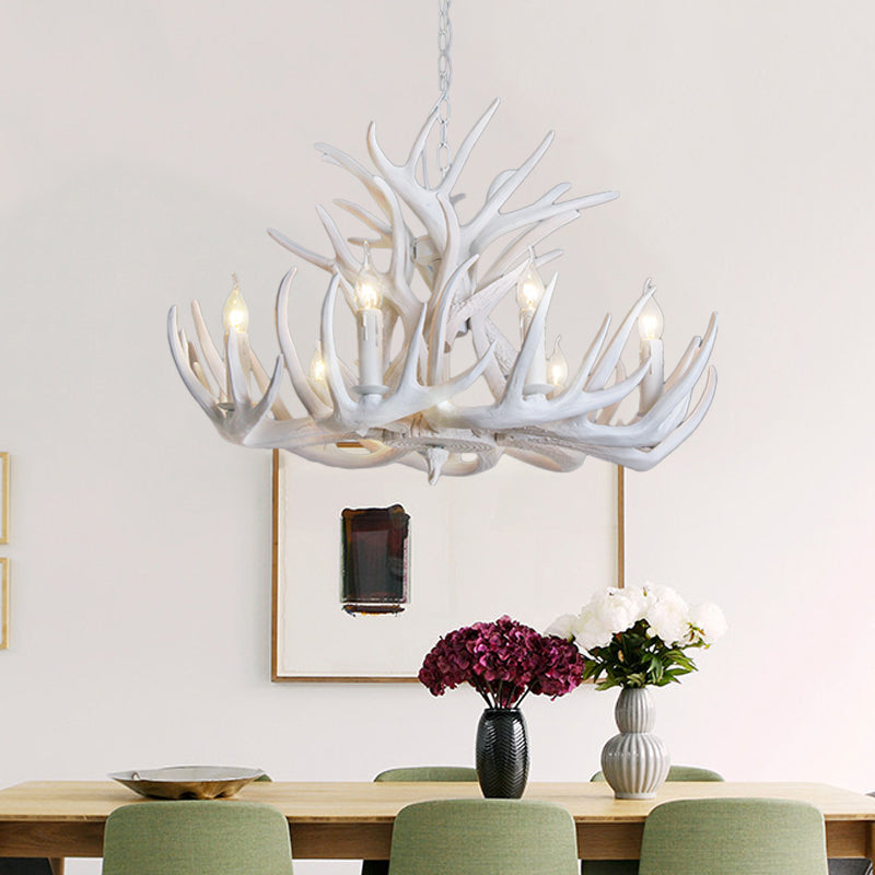 Bright white antler chandelier, a rustic lodge lighting solution. Creates a warm, inviting ambiance.