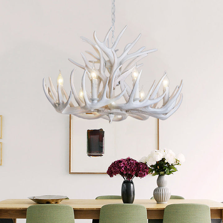 Bright white antler chandelier, a rustic lodge lighting solution. Creates a warm, inviting ambiance.
