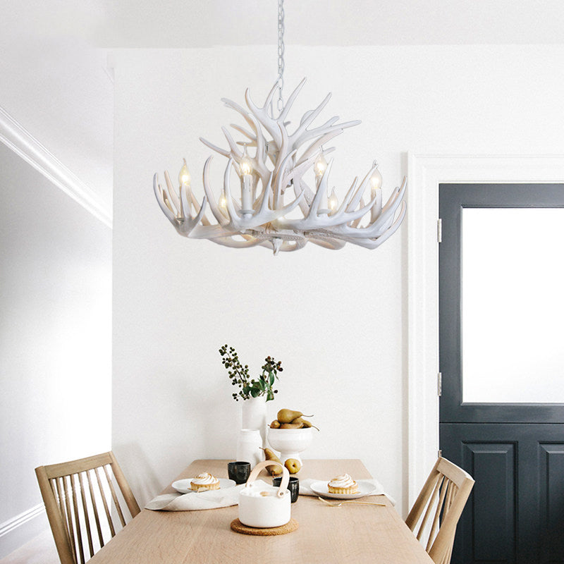 Elegant white resin antler chandelier, a rustic and natural home lighting fixture for lodge style.