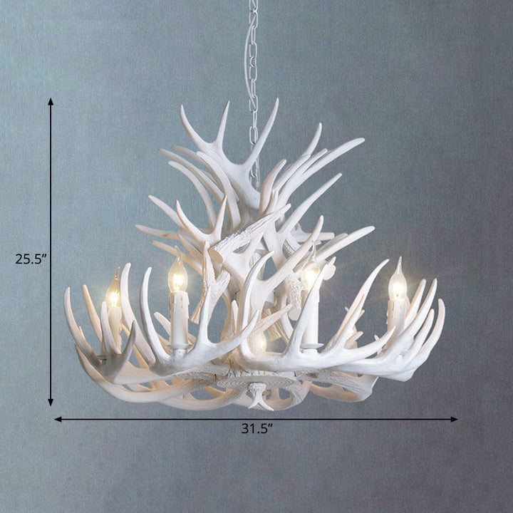 Farmhouse style white antler chandelier, ideal rustic home lighting. Adds charm to any room.