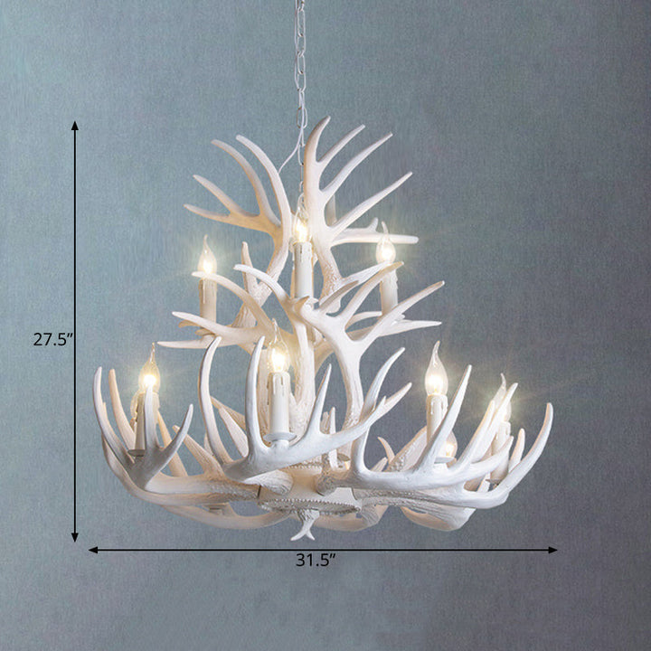 Rustic white antler chandelier, resin lodge home lighting fixture. Brings nature indoors.