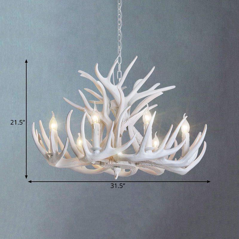 Chic white antler chandelier, enhancing rustic farmhouse decor. Unique and bright lighting.